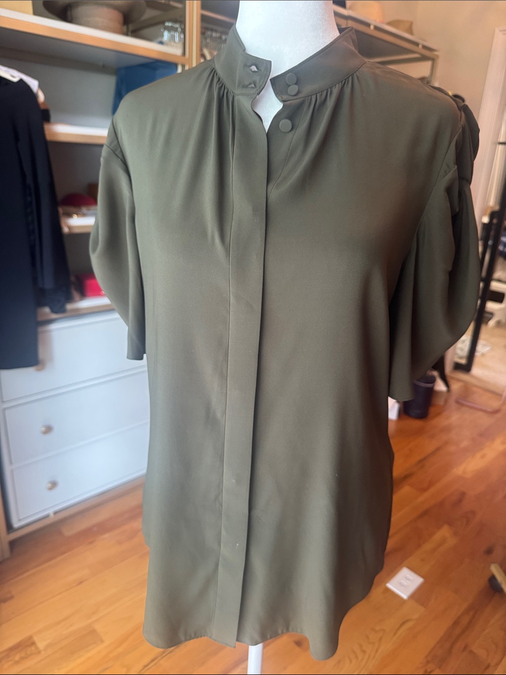 Frame Denim Olive Green Short Sleeve Mandarin Collar Blouse